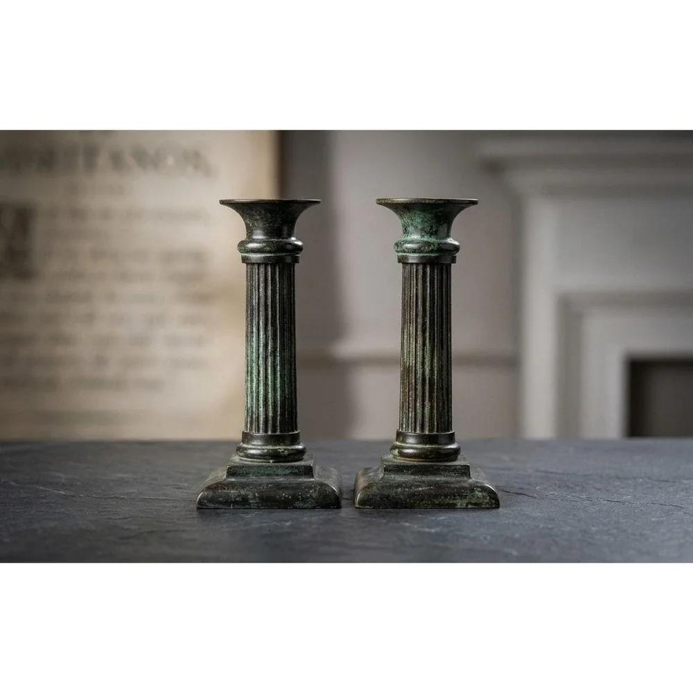 Vintage Green Patina Metal Fluted Column Candle Holders Pair 7